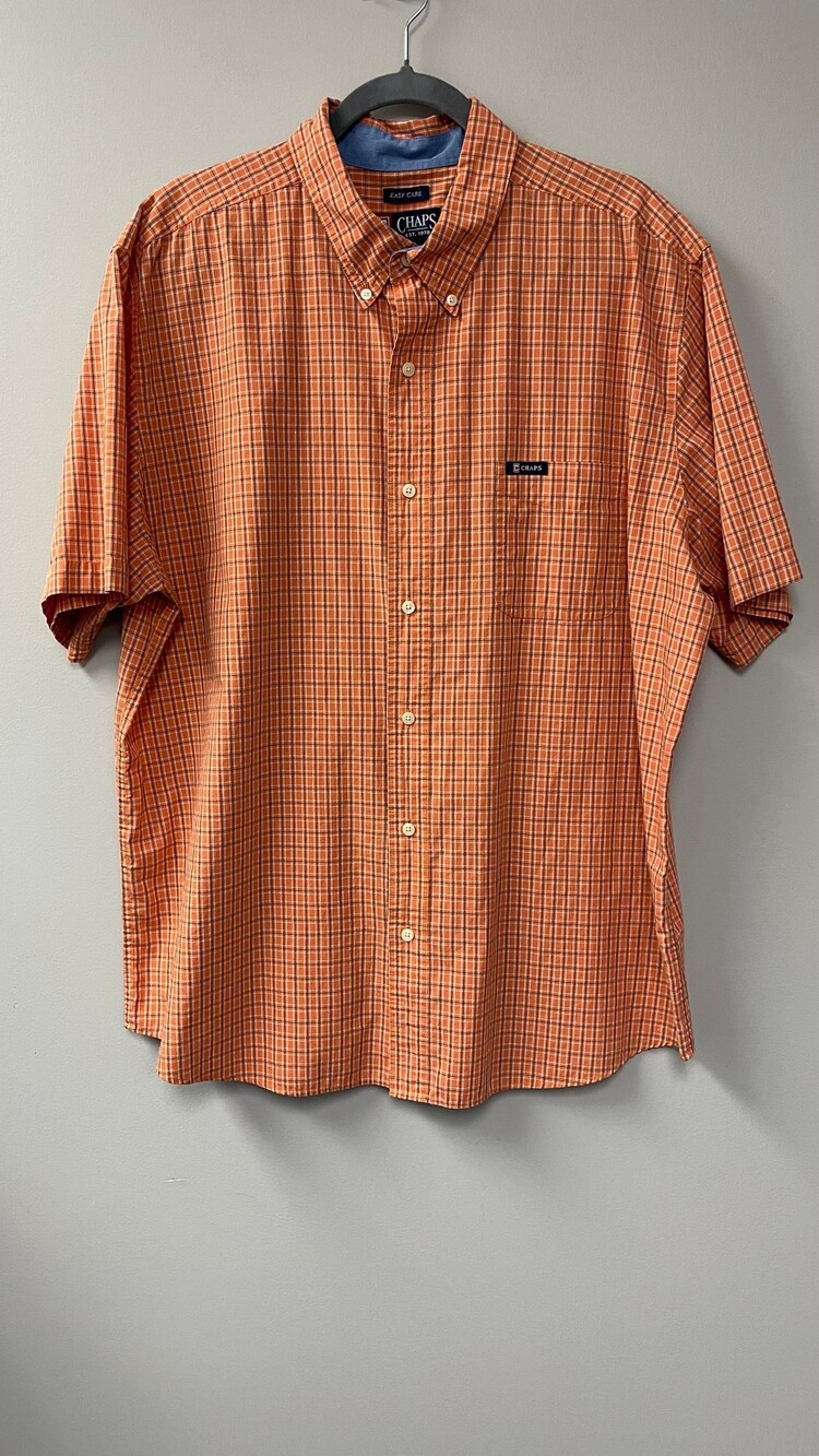 Chaps XXL Orange Plaid Cotton Polyester Button Down Shirt Short Sleeve